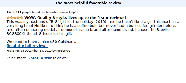 The most favorable review on Breville BCG800XL